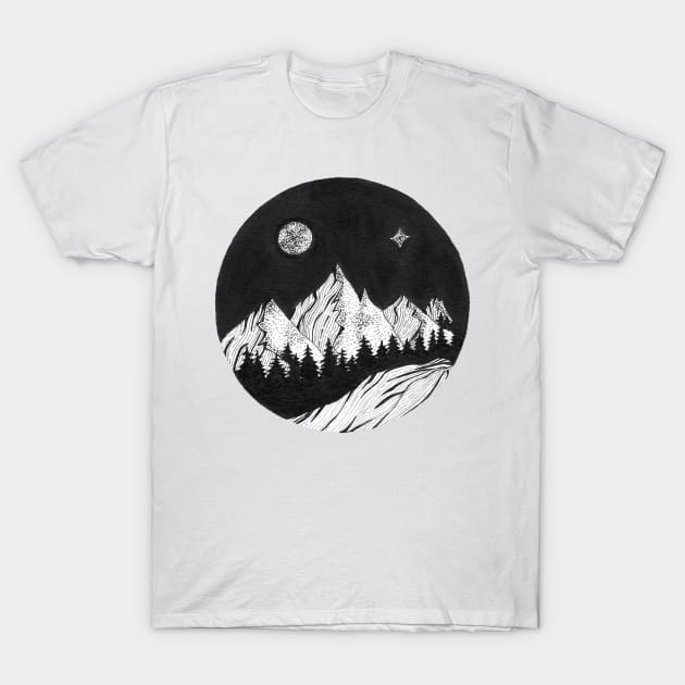 Hand inked draw of forest with mountains under the night sky with full moon and northern light T-Shirt by schtroumpf2510